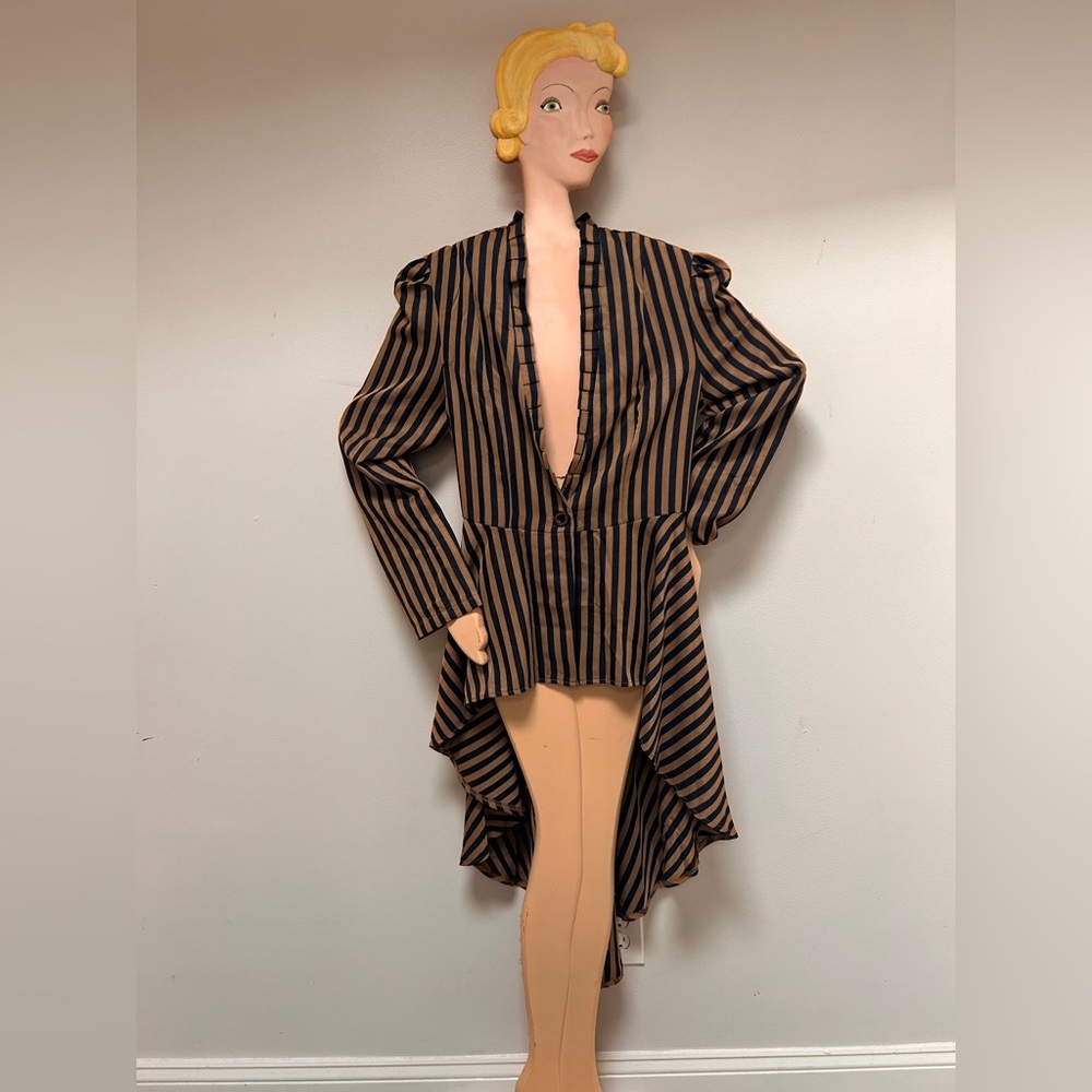 Striped Black & Brown Lace-Up Jacket Frock Coat L-XL